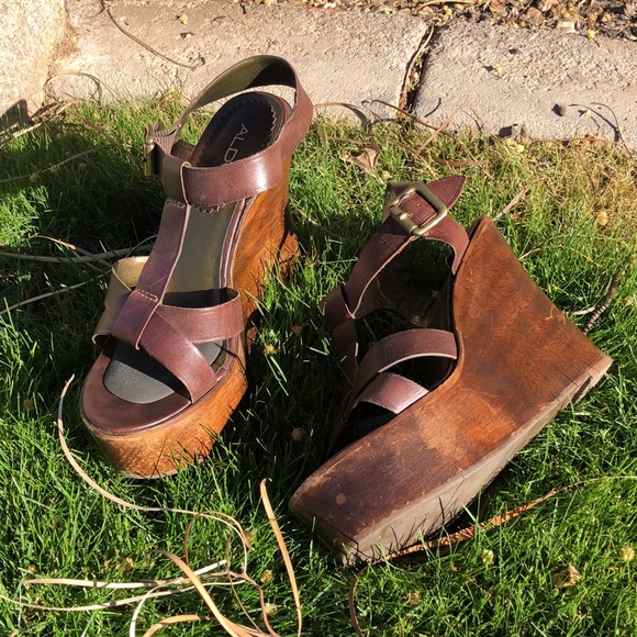 Brown Leather Aldo Wooden Platform Wedge Heeled Sandals!! Size 39 or 8.5 - Picture 8 of 16